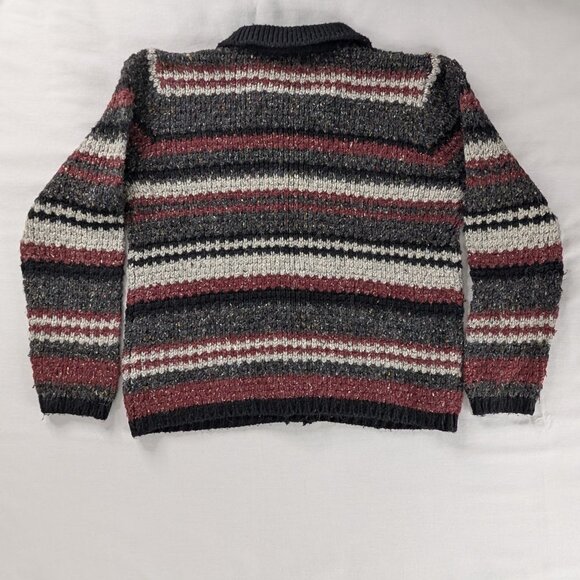 VTG Maroon Black Gray Stripe Chunky Knit Cotton Wool Button Up Collared Sweater - Picture 3 of 6